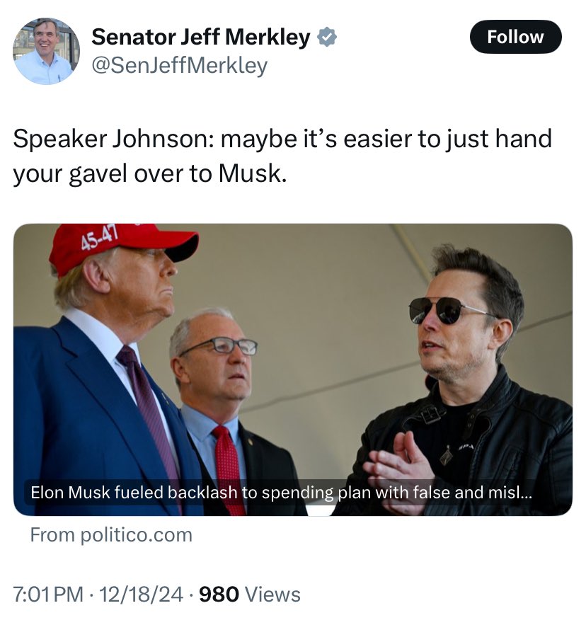 Shots fired from Democratic Senator Jeff Merkley.

🍿
