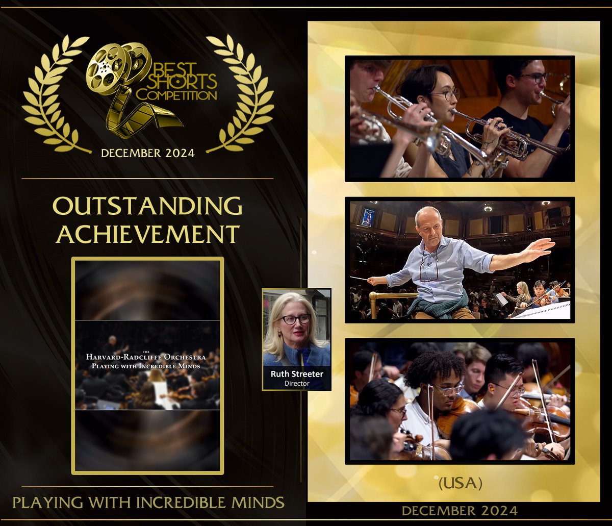 Congrats to Emmy &amp; Peabody winner Ruth Streeter, this season's OUTSTANDING ACHIEVEMENT WINNER. "Playing With Incredible Minds" captures the Harvard Radcliffe Orchestra, led by dynamic Federico Cortese. Stunning pacing, editing, heartfelt interviews. BestShorts.net