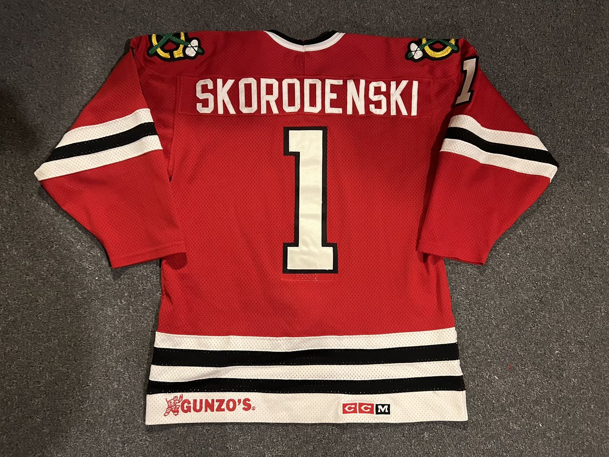 1986 Playoff mesh Warren Skorodenski #Blackhawks game issued mesh jersey. Skoro was the third goalie in the 86 playoffs and the Hawks got swept in 3 games, so he never saw the ice… but this playoff mesh has all the proper tagging and markings, including the Gunzo’s goalieman!