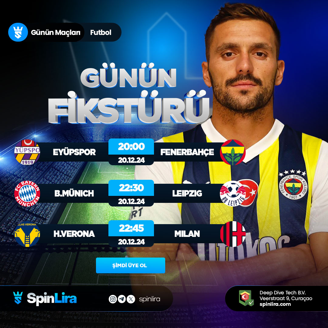 SpinLira's tweet photo. ⚽️ Günün Maçları @SpinLira'da! 🔥

🔵 Eyüpspor 🆚 Fenerbahçe ⏰ 20:00
🔴 B.Münih 🆚 Leipzig ⏰ 22:30
⚫ H.Verona 🆚 Milan ⏰ 22:45

🏆 Bahis Yap, Büyük Kazan! 💰
⚡️ %20 Süper Kayıp İade ile Şansını Katla!

👉 Hemen Oyna: https://t.co/4ddI5FZXOD 💙🤍 https://t.co/rozMunt3FW