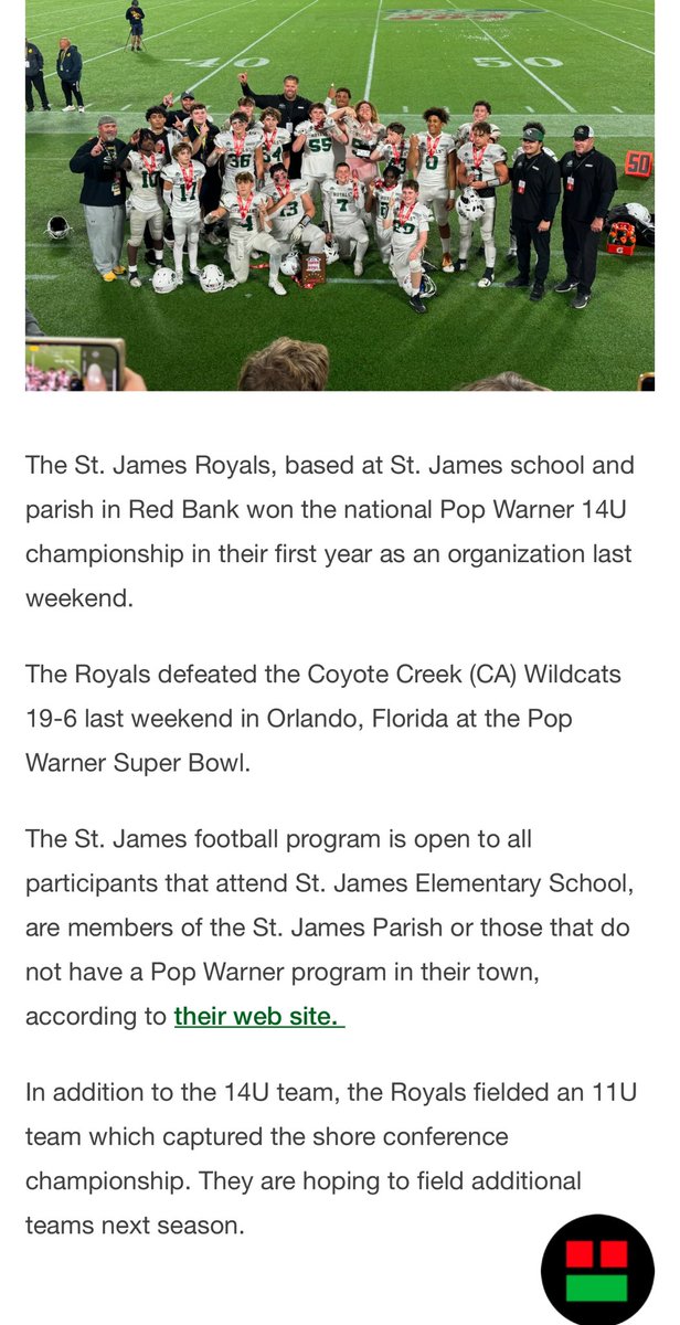 Thank you to <a href="/redbankgreen/">redbankgreen</a> for mentioning what this program accomplished, in year 1. 
<a href="/CoachLangeRBC/">Coach Lange</a> <a href="/CipotJohn/">Coach John Cipot</a> <a href="/MattMosquera17/">Matt Mosquera</a> <a href="/syan_rchoer/">Schoer, Ryan</a> 
@ambrosedr21 
Saintjamesfootball.com