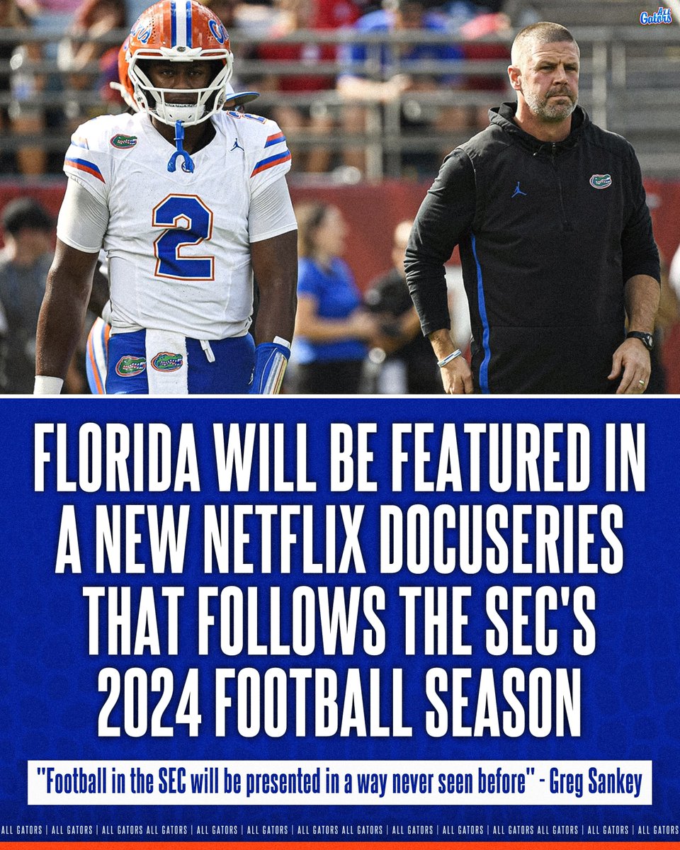 The Gators are set to be featured in a new Netflix docuseries that follows the 2024 SEC Football Season. 🐊

This will be the second time in three years that the Florida football program has been featured in a Netflix series. 

The series will premiere in the summer of 2025.