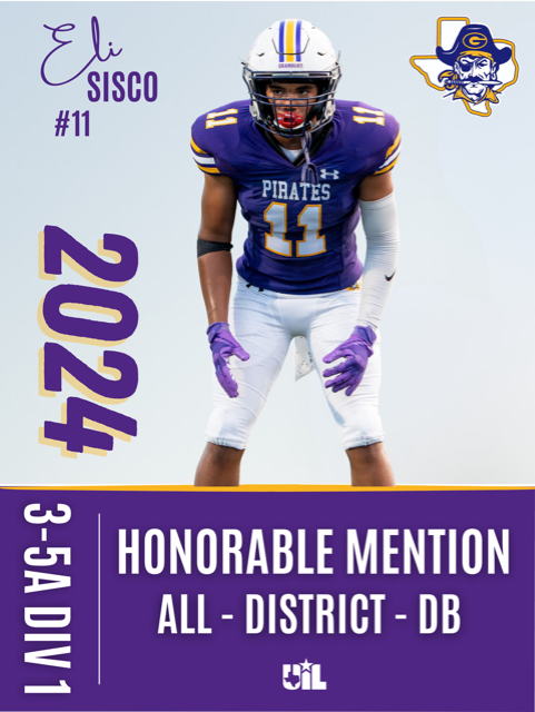 🏴‍☠️ Congratulations 🏴‍☠️
Eli Sisco for being selected as a
District 3-5A
Honorable Mention Defensive Back!
<a href="/EliSisco1/">Eli Salone Sisco</a> 
<a href="/GISD_Sport/">Granbury ISD Athletics</a>
<a href="/PirateTDC/">Granbury Pirate TDC</a>
<a href="/HoodCountyNews/">Hood County News</a>