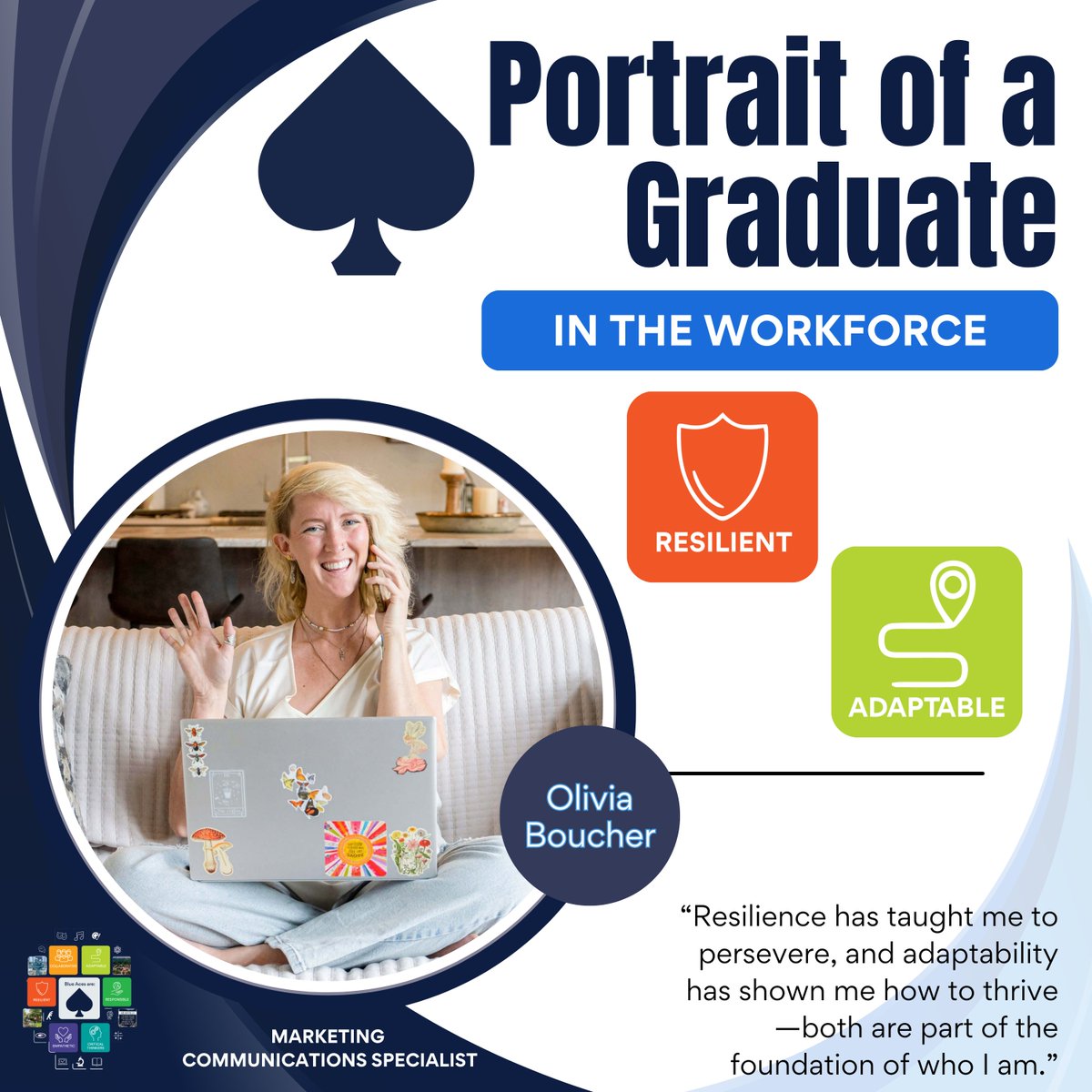 GranvilleEVSD's tweet image. Portrait of a Graduate: In the Workforce: this week we are focused on Resilient and Adaptable. We connected with Olivia Boucher, Marketing Communications Specialist with Liv Local Be Social. To learn more, visit granvilleschools.org/about/portrait…. #PortraitOfAGraduate #Resilient #Adaptable