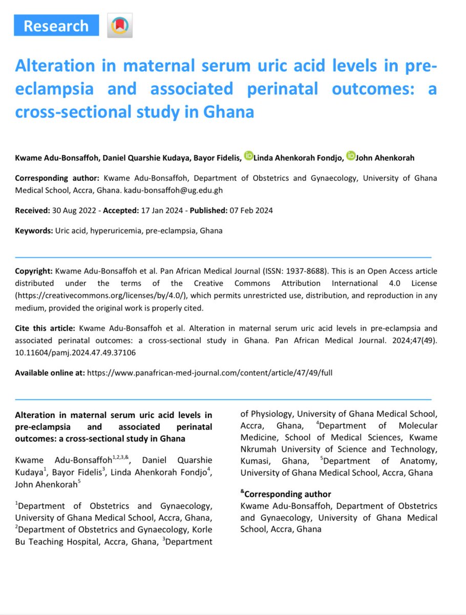 king_quarsh's tweet photo. Excited to share my work in the PanAfrican Medical Journal on

Alteration in maternal serum uric acid levels in pre-
eclampsia and associated perinatal outcomes: a
cross-sectional study in Ghana

Full text link : https://t.co/fqQFYVEUGw https://t.co/lcOdQnZoMU