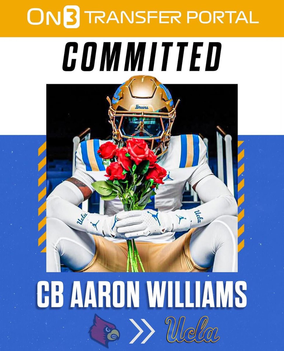 The Sammooo! Show (@thesammoooshow5) on Twitter photo TRANSFER: Louisville transfer CB Aaron Williams has committed to UCLA.
Williams will be joining his Louisville teammate DB Benjamin Perry.
Best of luck to (.<a href="/AaronnnnW/">Aaron Williams</a>)
#GoCards
#GoBruins TRANSFER: Louisville transfer CB Aaron Williams has committed to UCLA.
Williams will be joining his Louisville teammate DB Benjamin Perry.
Best of luck to (.<a href="/AaronnnnW/">Aaron Williams</a>)
#GoCards
#GoBruins