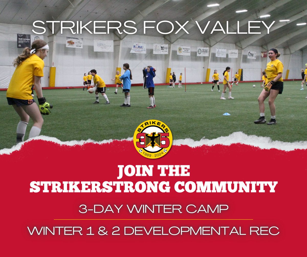 Winter lineup at Strikers Fox Valley — What are you waiting for?! Our 
✔️3-day Winter Camp starts December 27 
and 
✔️Winter Developmental Rec begins January 8! 
⚽Register today at strikersfoxvalley.com/register.   #onecommunity #oneclub #soccer​​ #soccercamp #winter #newyear