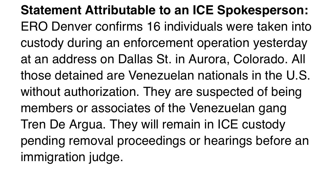 NEW: ICE says 16 people detained yesterday for kidnapping and torturing two people in Aurora are suspected members of the Venezuelan gang Tren de Aragua

They are now being held in ICE custody