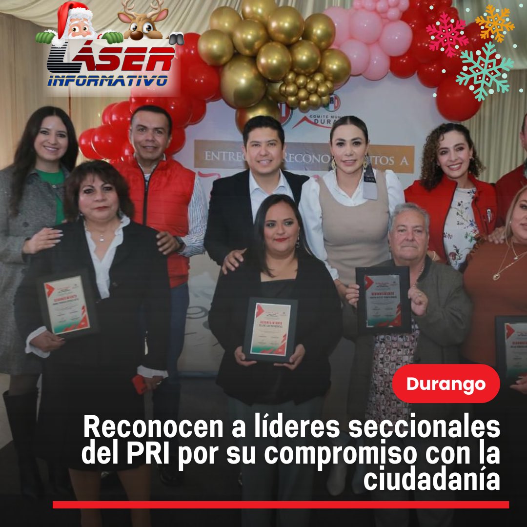 LaloSerranoZ's tweet photo. #LaserInformativo

#Durango|| Reconocen a líderes seccionales del PRI por su compromiso con la ciudadanía

Destacan su labor como pilar del partido y su conexión con la gente

En Durango se reafirma el compromiso con el liderazgo social y humano

Por su incansable entrega y dedicación, el #PRI de Durango homenajeó a 250 líderes seccionales que, con su compromiso y trabajo diario, se han convertido en el rostro humano del partido en cada colonia, barrio y fraccionamiento de la capital. En un ambiente lleno de calidez y reconocimiento, @danisotto , presidenta del @CDE_PRI_Durango ; @HumbertoZurita_ , presidente del @primunicipaldgo , y como invitado especial, @josejoseantonio , alcalde de Durango, destacaron la labor fundamental de estas mujeres y hombres que son el corazón en sus comunidades.

Hoy es un día para celebrar el trabajo incansable, el compromiso y la entrega de quienes son el corazón del PRI, expresó Dany Soto. “Ustedes no solo representan al partido, son quienes escuchan, gestionan y resuelven los problemas de la ciudadanía. Su liderazgo no tiene horario ni límites, y eso es lo que nos inspira y nos define como priístas” y resaltó la importancia de la unidad y la pasión con la que estas líderes trabajan por un Durango más justo y lleno de oportunidades.

Por su parte, Toño Ochoa destacó la colaboración de los líderes seccionales en la construcción de un futuro mejor para el municipio. “La unidad hace la fuerza, y gracias al compromiso de esta gran familia priistas, Durango avanza con esperanza. Agradezco también al gobernador por su apoyo al municipio, un respaldo que nos permite seguir transformando nuestra casa en un lugar con más oportunidades para todas y todos”.

Humberto Zurita destacó la importancia de fortalecer la unidad  y reconoció la trayectoria de las líderes seccionales. “Ustedes son nuestra gran familia PRI, y este reconocimiento, en el marco de nuestra Tradicional Posada, lo tienen más que ganado. Su liderazgo trasciende tiempos y dirigencias, y nos compromete a dar lo mejor por Durango. Desde aquí, reiteramos nuestro respeto y respaldo al gobernador, al alcalde y a ustedes, que son la voz de su gente”.

Finalmente dedicó un momento para honrar la memoria de líderes seccionales que han partido. “Elevemos una oración al cielo por todas aquellas que se han adelantado. Espero que este reconocimiento sirva para honrar su legado. Deseo que estas fechas sean de mucha paz, amor y fraternidad para ustedes y sus familias. Cerremos este año e iniciemos el 2025 con unidad y fuerza para enfrentar los retos por venir.