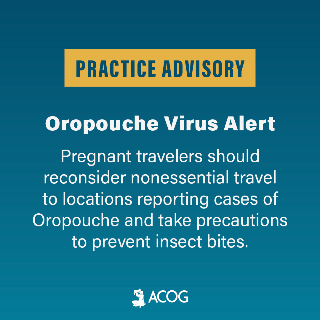 ACOG (@acog) on Twitter photo Brazil reports a surge of Oropouche virus cases, of which 98% have occurred in Espírito Santo. Pregnant travelers should reconsider nonessential travel and take precautions traveling. Learn about symptoms, prevention, and clinical guidance: bit.ly/3ZLK20i Brazil reports a surge of Oropouche virus cases, of which 98% have occurred in Espírito Santo. Pregnant travelers should reconsider nonessential travel and take precautions traveling. Learn about symptoms, prevention, and clinical guidance: bit.ly/3ZLK20i