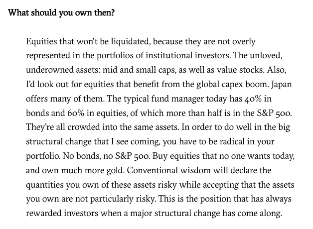 marketplunger1's tweet image. The latest piece from Russell Napier is a must-read for all investors. 

The TL;DR: 

• The world is moving to National Capitalism (Reshoring)

• Everyone will choose to inflate their debt away 

• Don&apos;t own the S&amp;amp;P 500 

• Own gold, small caps, and value stocks.