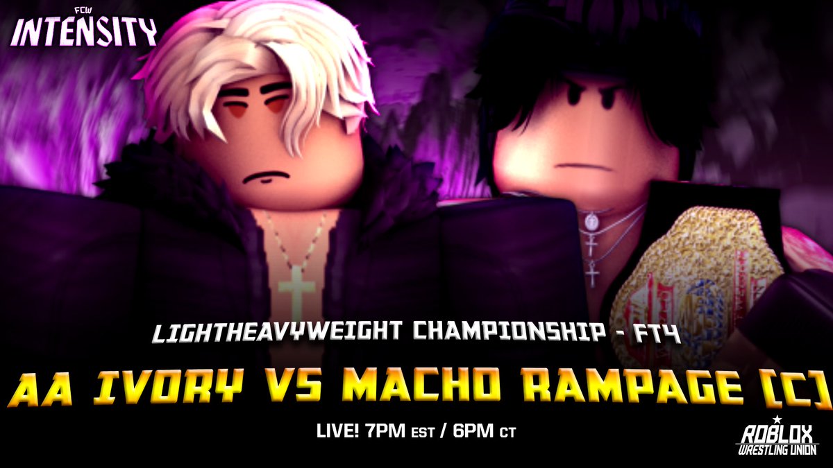 FCW_RBLX's tweet photo. LIVE! ON SEASON 4, EPISODE 26 OF "FCW, INTENSITY!"
#TITLETHURSDAY
MACHO RAMPAGE ENTERS HIS FIRST DEFENSE OF HIS REIGN AGAINST AA IVORY!
AFTER THIS QUICK AND HEATED FEUD, WHO LEAVES AS CHAMPION? https://t.co/SxXdY3rIII