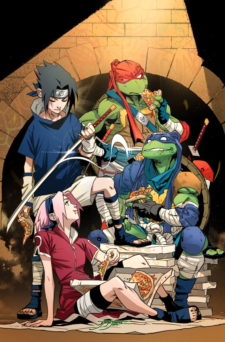 And finally is here the third TMNTxNaruto cover I did! It was so funny to do!!, this time with Sasuke, Leo, Raph and Sakura eating pizza!!🍕 🐢 ⁦<a href="/IDWPublishing/">IDW Publishing</a>⁩ ⁦<a href="/VIZMedia/">VIZ Media</a>⁩ #naruto #teenagemutantninjaturtles  #tmnt