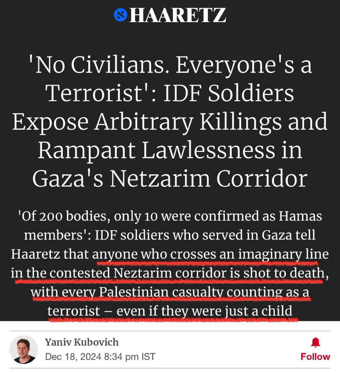KatiPiri's tweet photo. Schokkende bekentenissen in Haaretz van Israëlische soldaten in Gaza. Over totale straffeloosheid en oorlogsmisdaden. 

Maar volgens premier Schoof houdt Israël zich netjes aan het oorlogsrecht. 

https://t.co/h0v6S7Zylw https://t.co/BN37tKuUP1