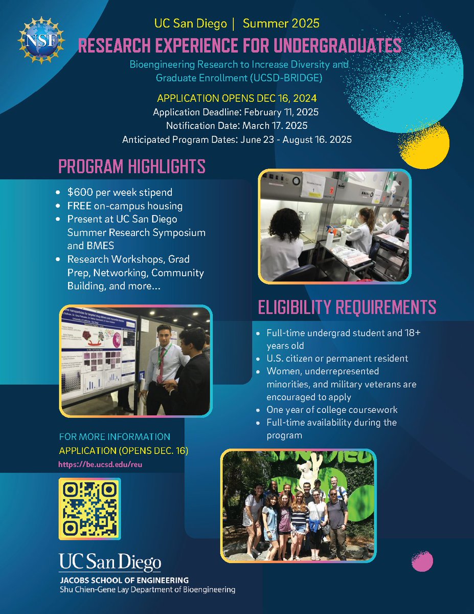 Adam J. Engler (@adamenglerucsd) on Twitter photo <a href="/ucsdbe/">UC San Diego Bioengineering</a> and <a href="/UCSDJacobs/">UCSD Engineering</a> announce our:
2025 Bioengineering Research to Increase Diversity and Graduate Enrollment (UCSD-BRIDGE) program
We are accepting applications through **February 11th.**
Applicants can apply at: be.ucsd.edu/reu <a href="/ucsdbe/">UC San Diego Bioengineering</a> and <a href="/UCSDJacobs/">UCSD Engineering</a> announce our:
2025 Bioengineering Research to Increase Diversity and Graduate Enrollment (UCSD-BRIDGE) program
We are accepting applications through **February 11th.**
Applicants can apply at: be.ucsd.edu/reu
