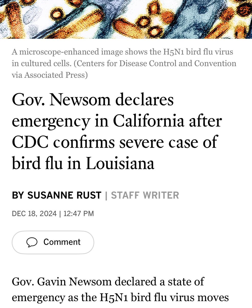 AbraarKaran's tweet photo. Health emergency declared in California over #H5N1 #birdflu

The severe hospitalized case in Louisiana was from backyard poultry flock (genotype d1.1)— same as Canadian teenager

The genotype in dairy cows is b3.13 and has not caused severe disease in humans as of yet

https://t.co/lzZJVP4BoG