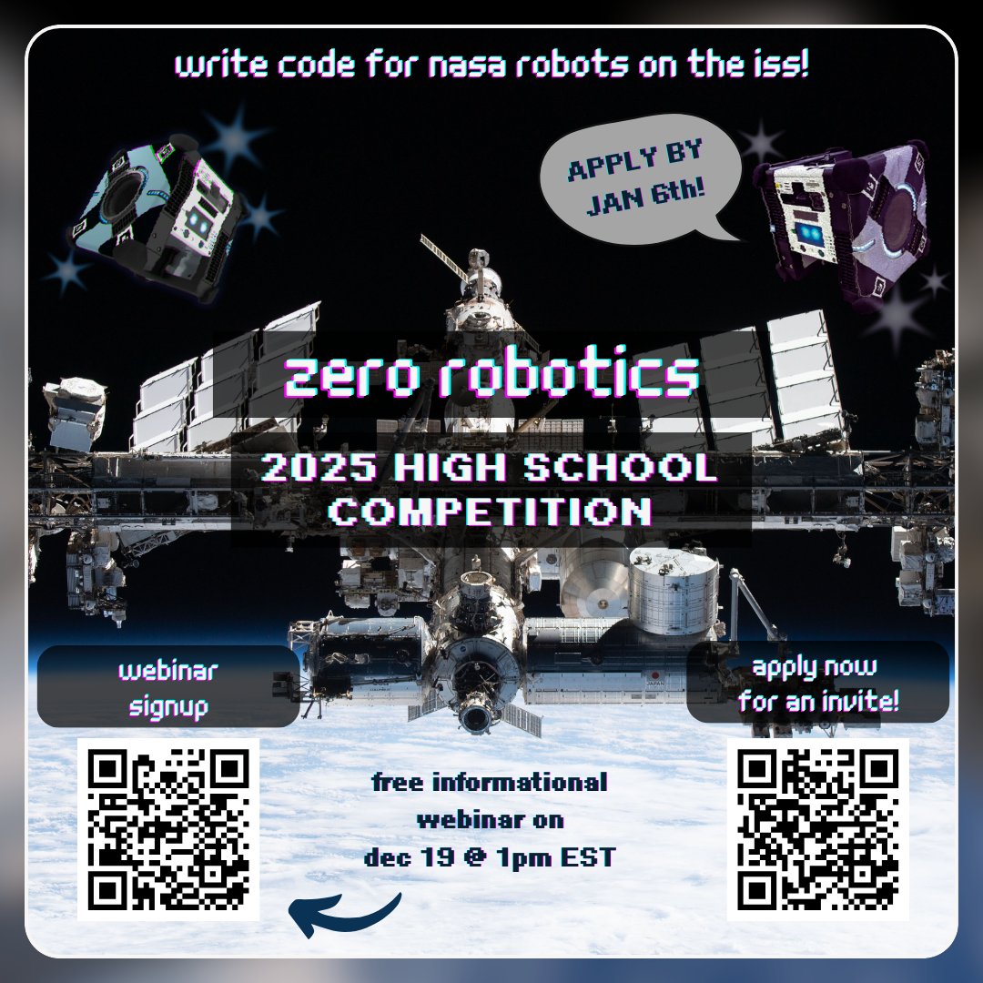 MITAeroAstro's tweet image. Zero Robotics, a program co-led by Prof. Danielle Wood and the Innovation Learning Center, invites teams to apply for the 2025 High School Coding Competition! Learn more + register for the free info webinar taking place at 1pm ET on Thursday, Dec. 19.
ow.ly/EBMV50UtAuj