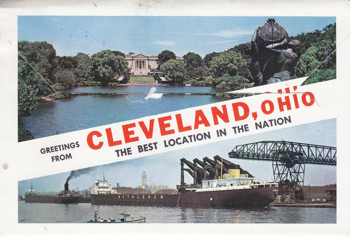 MarjeMolder's tweet photo. This #vintage greetings, banner Plastichrome folder #postcard -w/14 views of #Cleveland #Ohio -featuring historic #Hotel #Sheraton #TerminalTower #waterfront #harbor - posted 64 years ago in 1960 #USA #deltiology #philately #stamps #CargoShips no other folders but PCs of back pic https://t.co/Es17eccCVx