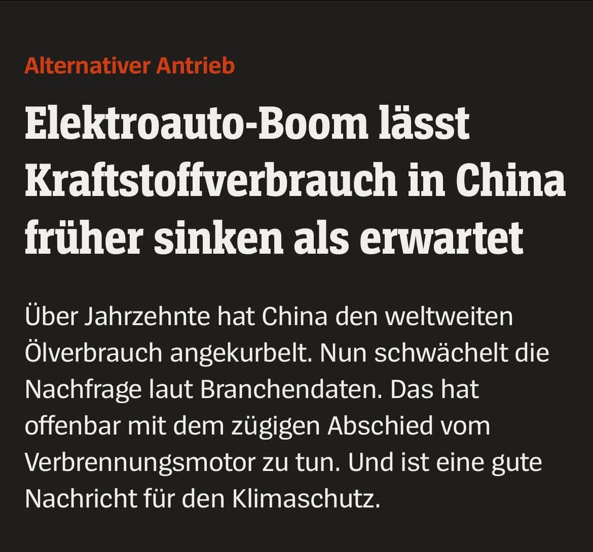 Ein Rückgang der Ölnachfrage in der Volksrepublik hätte große Bedeutung für den Klimaschutz. China ist mit Abstand der weltweit größte Emittent von CO₂. Seit Jahren versucht die politische Führung jedoch, den Treibhausgasausstoß zu senken. Dabei setzt Peking massiv auf