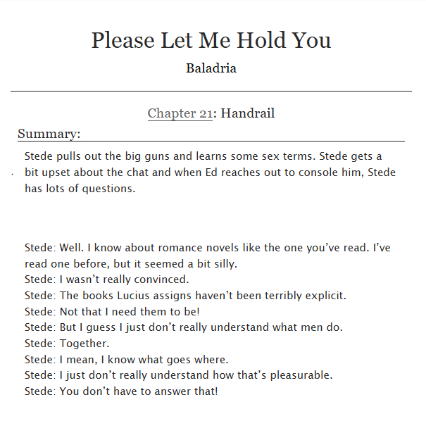 Baladria's tweet photo. Finally a new chapter! Ch21 of Please Let Me Hold You. Stede has ARMS and QUESTIONS #OFMD #OurFlagMeansDeath #ofmdfic #ofmdfanfic
https://t.co/TZJzy6yPHU https://t.co/OT5wpcFYId