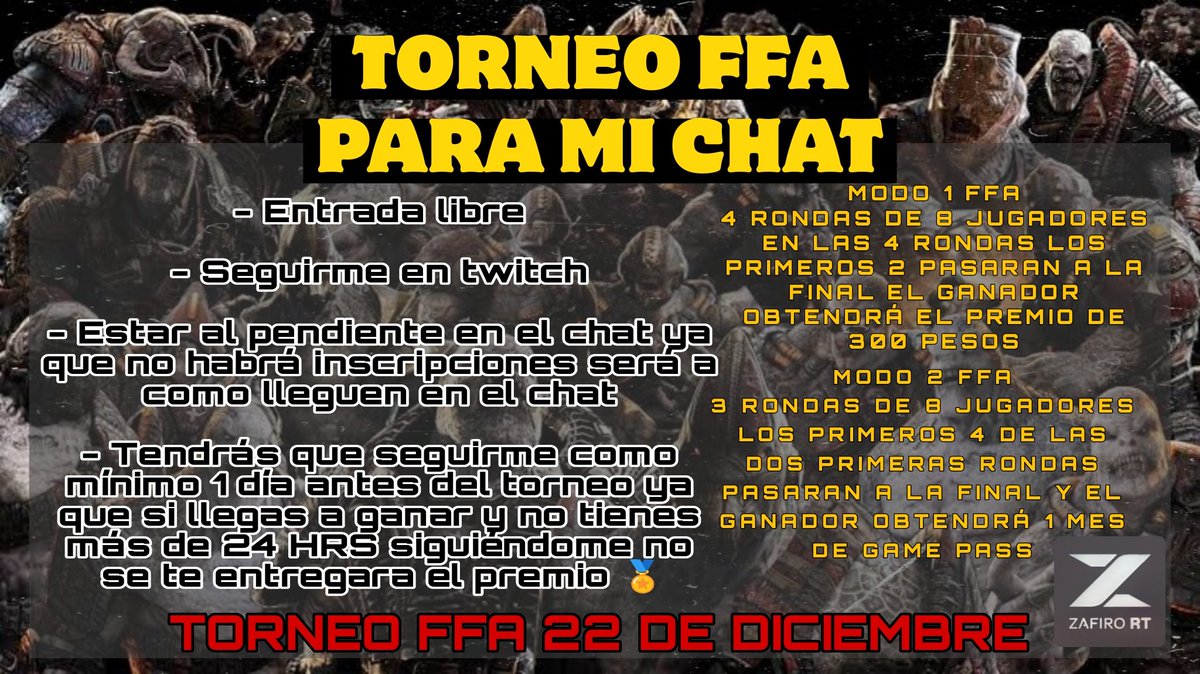 @Zafiro_RT (@rt_zafiro) on Twitter photo Muchas gracias por el apoyo de este año...
Estaré organizando un torneo para este fin de semana el día domingo 22 de diciembre empezará a las 8 de la noche. Los espero!💖
Sponsor: <a href="/hellraiser8555/">Hellraiser</a>
Muchas gracias por tu apoyo 🫶🏼
Canal de Twitch
twitch.tv/Zafiro_RT?sr=a Muchas gracias por el apoyo de este año...
Estaré organizando un torneo para este fin de semana el día domingo 22 de diciembre empezará a las 8 de la noche. Los espero!💖
Sponsor: <a href="/hellraiser8555/">Hellraiser</a>
Muchas gracias por tu apoyo 🫶🏼
Canal de Twitch
twitch.tv/Zafiro_RT?sr=a