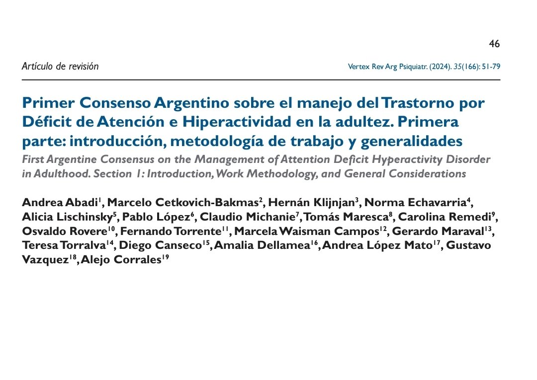 Pablo López (@plopezpsike) on Twitter photo Ya está publicada la primera parte del primer consenso argentino sobre el manejo del #TDAH en la adultez, fruto de un enriquecedor trabajo colaborativo bajo el liderazgo de <a href="/alejocorrales/">Alejo Corrales</a>, Tomás Maresca y <a href="/AbadiAndrea/">Dra. Andrea Abadi</a>.
Enlace al artículo completo: revistavertex.com.ar/descargas/prim… Ya está publicada la primera parte del primer consenso argentino sobre el manejo del #TDAH en la adultez, fruto de un enriquecedor trabajo colaborativo bajo el liderazgo de <a href="/alejocorrales/">Alejo Corrales</a>, Tomás Maresca y <a href="/AbadiAndrea/">Dra. Andrea Abadi</a>.
Enlace al artículo completo: revistavertex.com.ar/descargas/prim…
