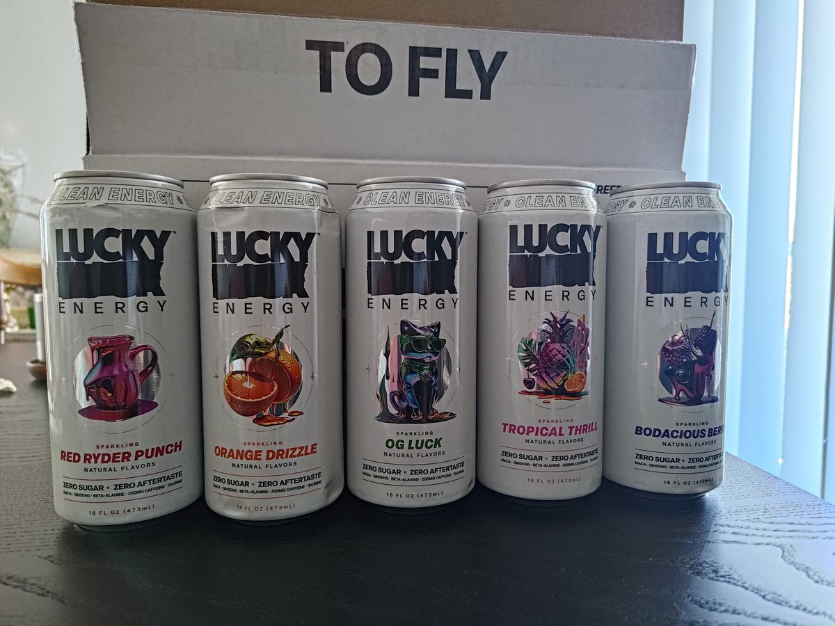 AzurePersant's tweet image. The cans got pretty beat up during transit, but I'm excited to try all the flavors of @luckyfckenergy