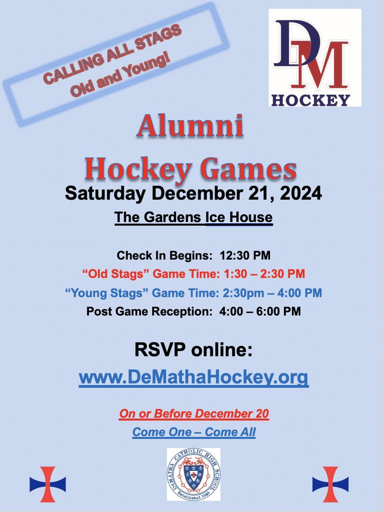 Only 3 more sleeps until the DeMatha Hockey Alumni Games!
Sign up today!