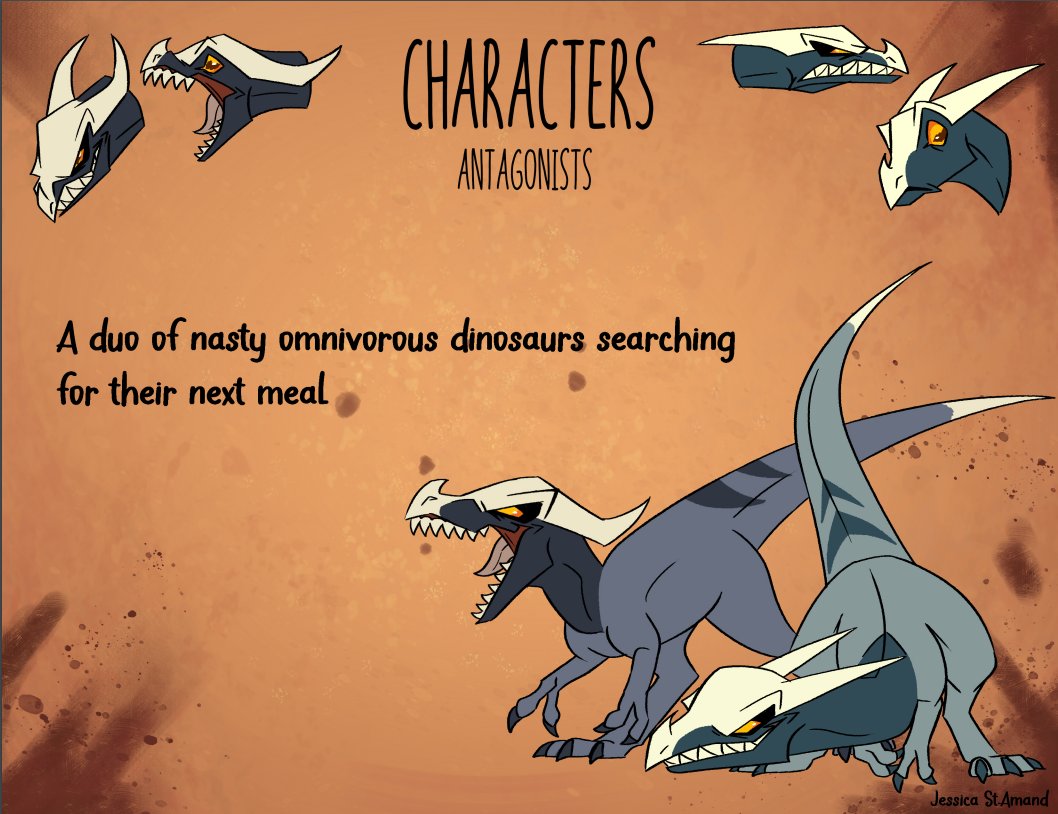 Maskiidoodle's tweet image. The antagonists of my film went through a lot of changes, especially as the film concept itself changed. Some antagonist concepts include a Carnotaurus, and an Allosaurus. Ultimately they got scrapped due to time constraints

#FirstHunt #Conceptart