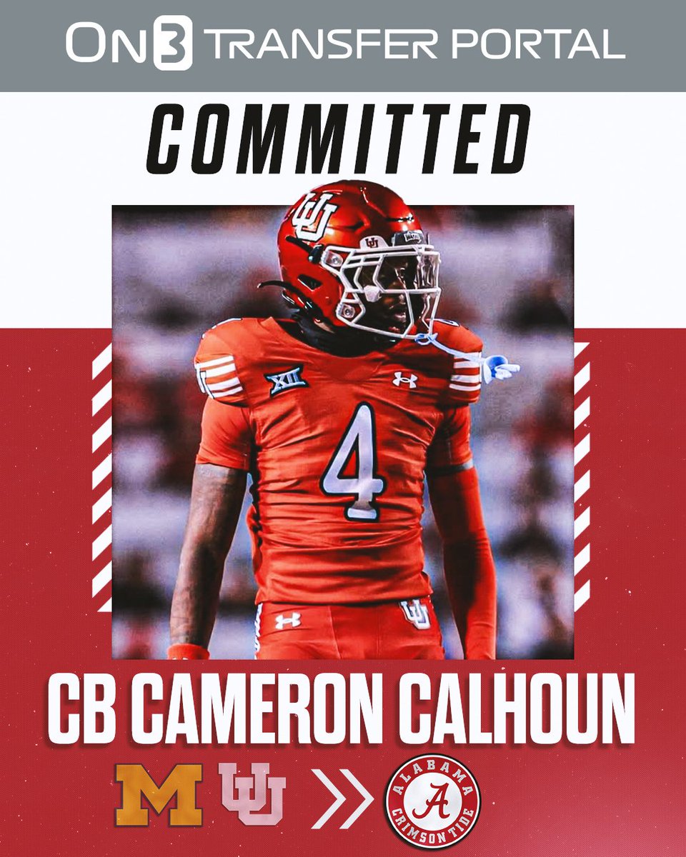 BREAKING: Utah transfer CB Cameron Calhoun has signed with Alabama, per <a href="/PeteNakos_/">Pete Nakos</a>🐘

The former Michigan transfer recorded 21 tackles, 9 pass deflections and 1 interception this season.

on3.com/transfer-porta…