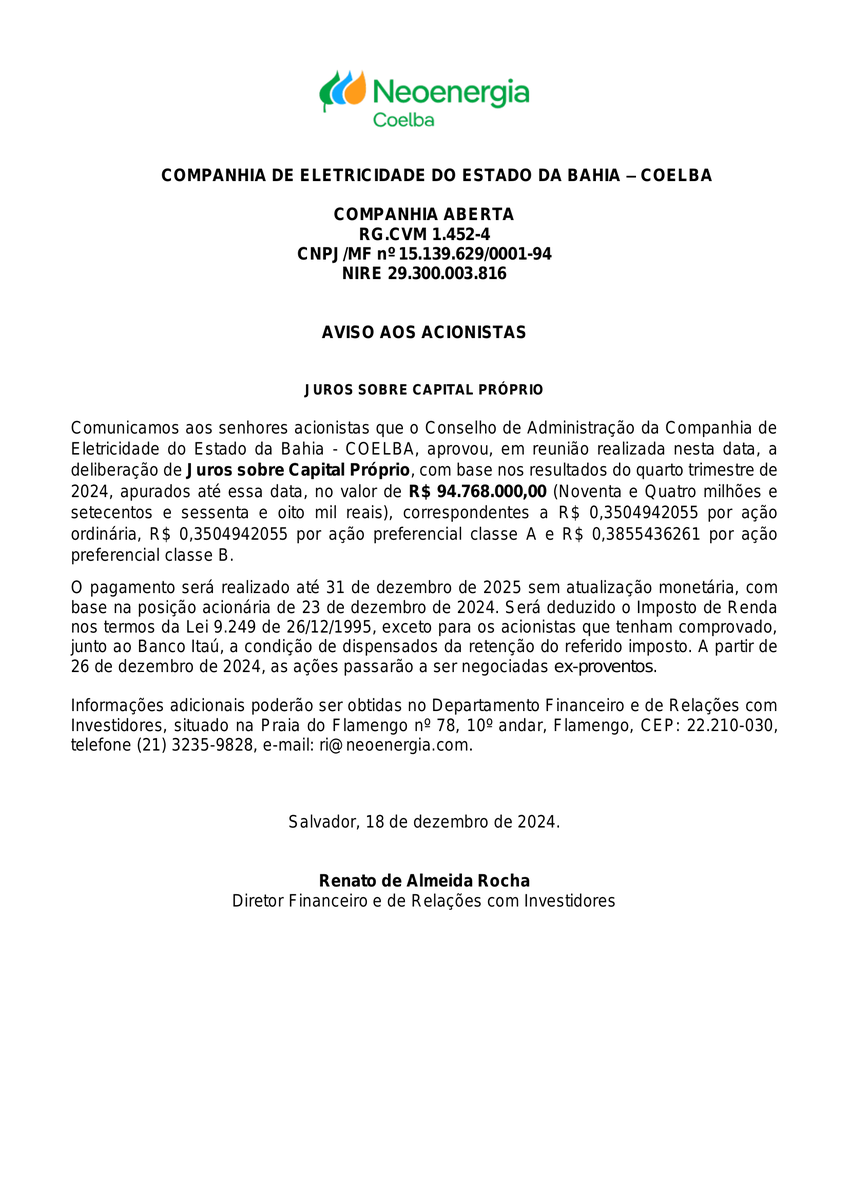CalixtoCapital's tweet photo. #CEEB3 | COELBA | Aviso aos Acionistas https://t.co/AjGmFFgDXi