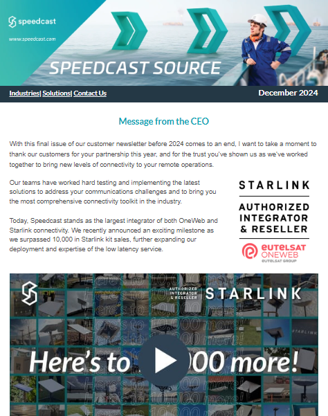 SpeedcastGlobal's tweet photo. Our latest newsletter edition, The #SpeedcastSource, is out and recaps 2024 highlights, including our milestone surpassing 10,000 in #Starlink kit sales, achieving 9 new #WTA Certifications for Speedcast #teleports & more! https://t.co/FJpDltE6NK Subscribe https://t.co/Sssiki9u6T https://t.co/VVJsC97Qei
