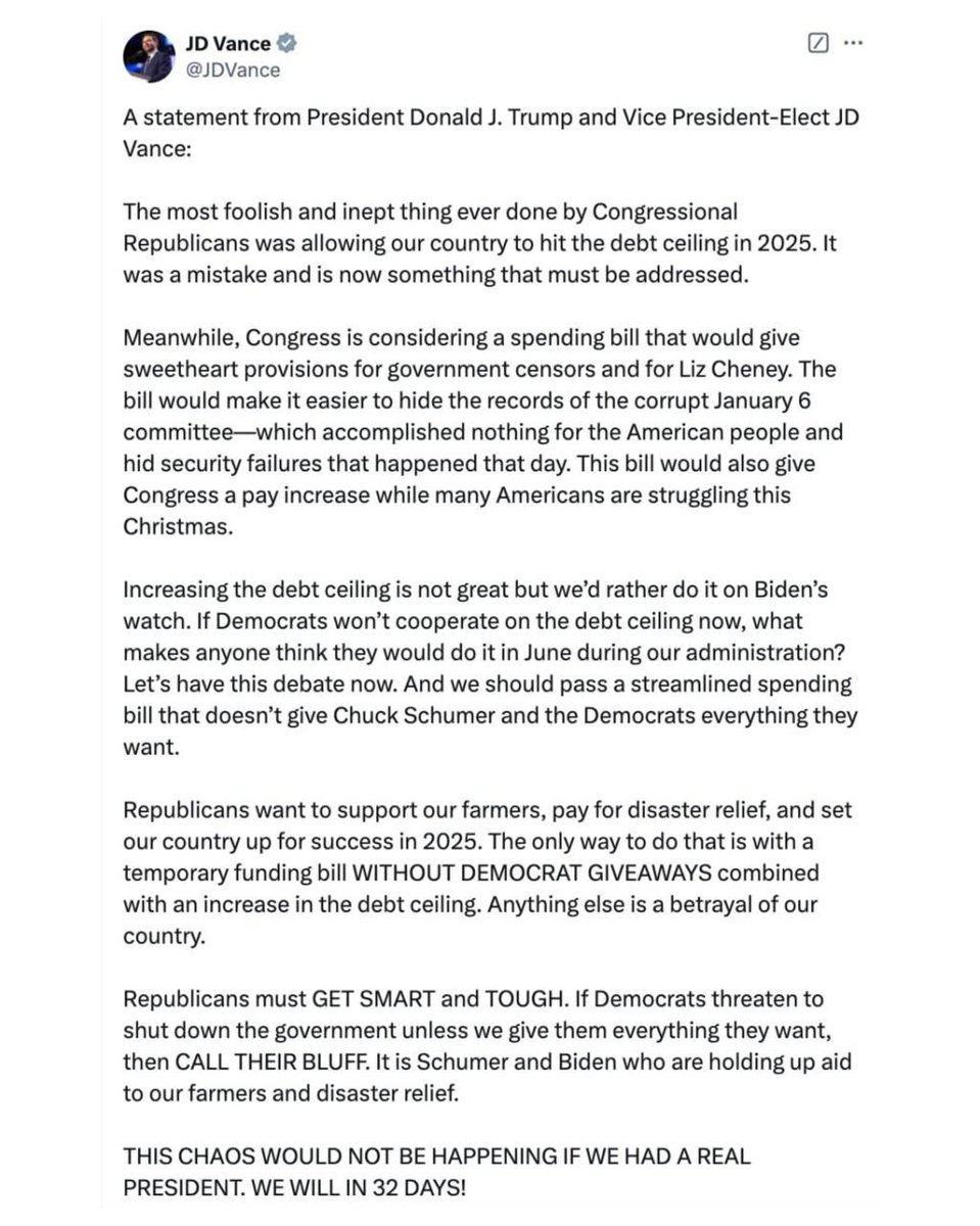 🚨BREAKING: OFFICIAL statement from President Trump and JD Vance on the disgraceful Continuing Resolution bill: