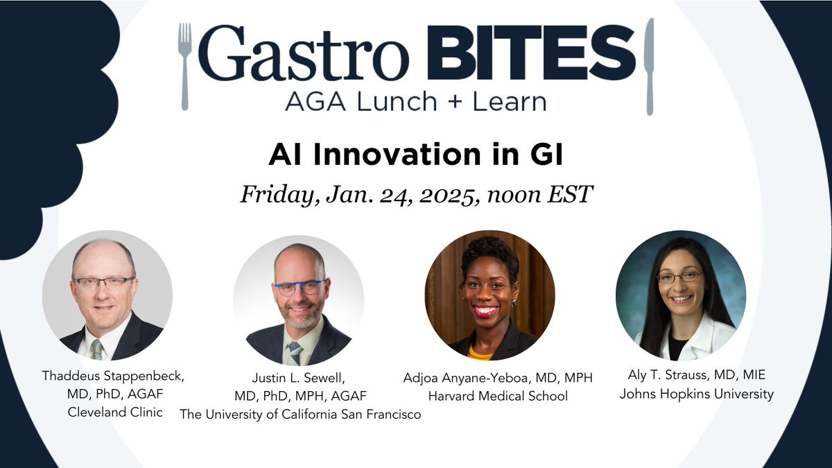 American Gastroenterological Association (AGA) (@amergastroassn) on Twitter photo Get a comprehensive overview of AI's role in GI, focusing on practical applications, disease-specific use cases, and its potential to transform clinical and research practices. Register: ow.ly/NSrt50UptjV
<a href="/GIMedEd/">Justin Sewell</a>, <a href="/TStappenbeckMD/">Thaddeus Stappenbeck, MD, PhD</a>, <a href="/AdjoaGIMD/">Adjoa Anyane-Yeboa, MD MPH</a>, <a href="/alystraussMD/">Aly Strauss</a> Get a comprehensive overview of AI's role in GI, focusing on practical applications, disease-specific use cases, and its potential to transform clinical and research practices. Register: ow.ly/NSrt50UptjV
<a href="/GIMedEd/">Justin Sewell</a>, <a href="/TStappenbeckMD/">Thaddeus Stappenbeck, MD, PhD</a>, <a href="/AdjoaGIMD/">Adjoa Anyane-Yeboa, MD MPH</a>, <a href="/alystraussMD/">Aly Strauss</a>