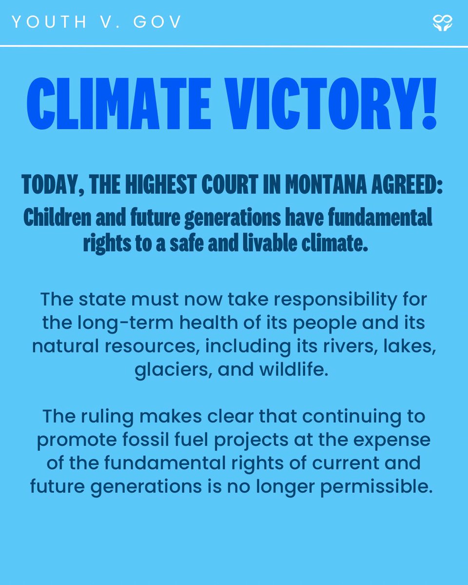 youthvgov's tweet photo. It is a new era in Montana today, rooted in constitutional protection for children instead of protection for an extractive industry whose time must end as we enter a new energy future powered by sun, wind and water. Read our PR with @westernlaw and @welc_org: MTSupremeCourtRuling https://t.co/jU1CUVjrIu