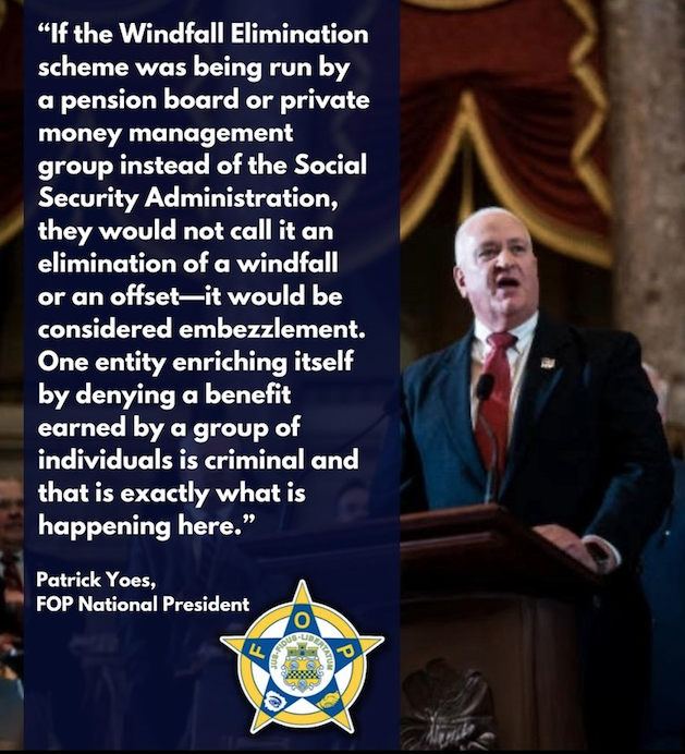 RepealWEP_NOW's tweet photo. As FOB President Patrick Yoes says:
"If it wasn't the Social Security Administration, it would be considered embezzlement and criminal!"

Vote for #HR82 #SocialSecurityFairnessAct

#NoAmendments 
Pubic employees are NOT responsible for ensuring that the SS system is solvent! https://t.co/J9TK1lNNbS