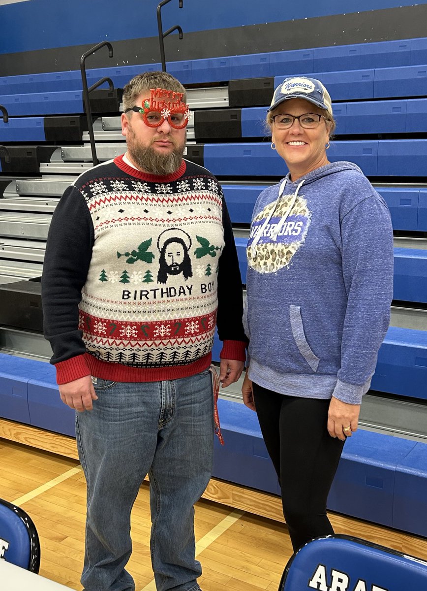 WarriorsCoachK's tweet photo. Day 14 of SWEATERMAS! I forgot to get pics the last 2 days. Coach Watson reminded me to take one today. Glasses courtesy of Lynn Crosley. #Sweatermas its a movement https://t.co/7OP9U1LwAg