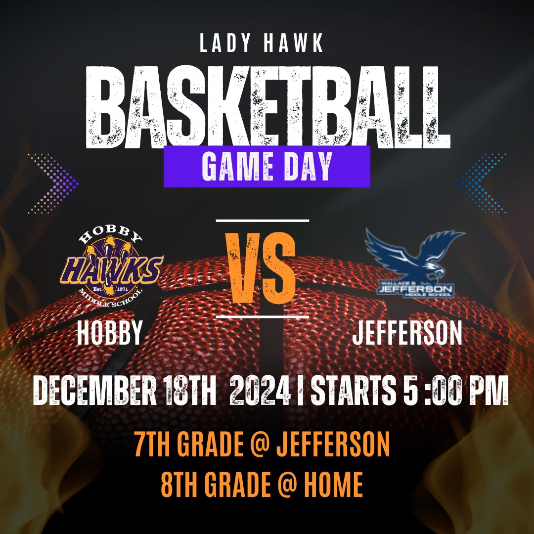 Its game day for our Lady Hawks as they take on the Jefferson Eagles! Games begin at 5:00 pm, with 7th at Jefferson and 8th at Home. Go Hawks! #Positivepurplepower #GameDay