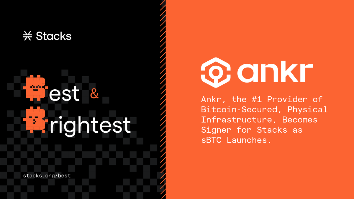 Stacks's tweet photo. 1/ Big news for the Bitcoin ecosystem! 🟧

Ankr @ankr, the #1 provider of Bitcoin-secured physical infrastructure, has joined the Stacks Signer network.

Ankr is the leader in their category, providing reliable infrastructure that powers networks.

Here's why this matters: 🧵 https://t.co/t7EFopUrNO