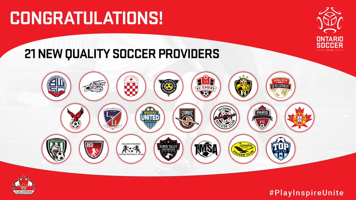 Congrats to the 24 Ontario Clubs receiving either Quality Soccer Provider status or Member Association Level 1 in <a href="/CanadaSoccerEN/">Canada Soccer</a>'s latest Youth Club Licensing Program announcement. 
 
Learn more here:
loom.ly/_HaJ7WM

#PlayInspireUnite #CanadaSoccer #OntarioSoccer