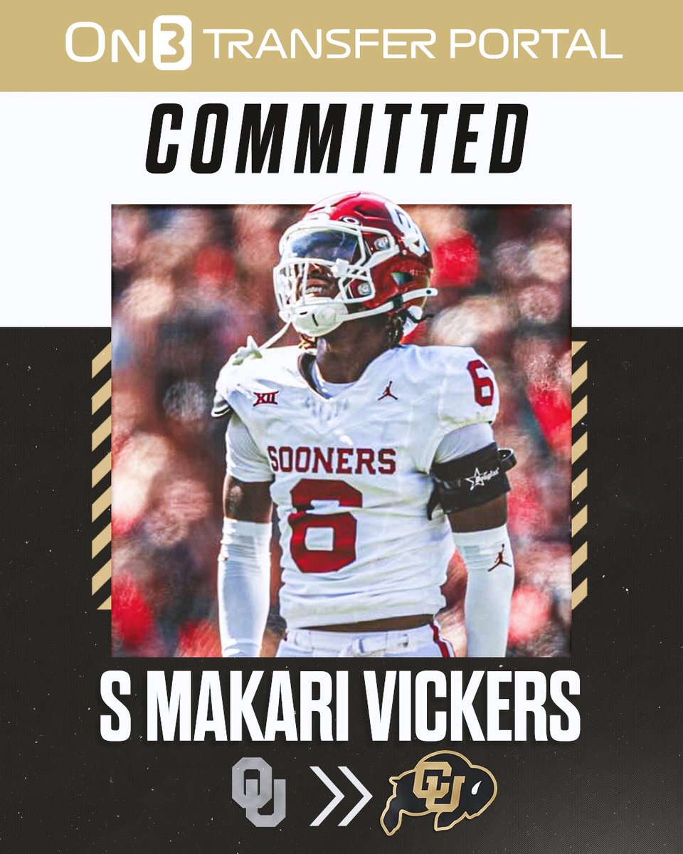 Transfer Portal (@transferportal_) on Twitter photo BREAKING: Oklahoma transfer safety Makari Vickers has committed to Colorado, per <a href="/Hayesfawcett3/">Hayes Fawcett</a>🦬
Vickers was a top 100 recruit in the 2023 class.
on3.com/news/oklahoma-… BREAKING: Oklahoma transfer safety Makari Vickers has committed to Colorado, per <a href="/Hayesfawcett3/">Hayes Fawcett</a>🦬
Vickers was a top 100 recruit in the 2023 class.
on3.com/news/oklahoma-…