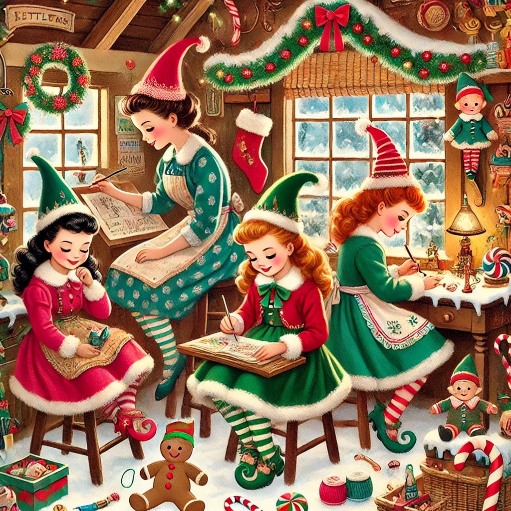 #Christmas illustration reimagining the March sisters from #LittleWomen by Louisa May Alcott, as elves in 1950s #childrensbookillustration style. 🎄

#AiMade #AIillustrations