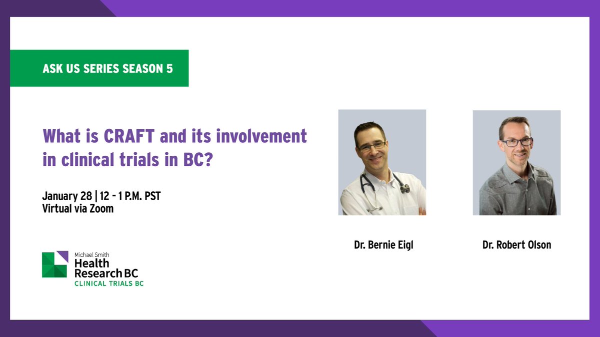 💻 Join us on January 28 for the next ASK US series broadcast!

Drs. Eigl &amp; Olson will share insights into how the Canadian Remote Access Framework for Clinical Trials (CRAFT) makes #clinicaltrials more accessible to rural communities.

Register: bit.ly/41FLy6U