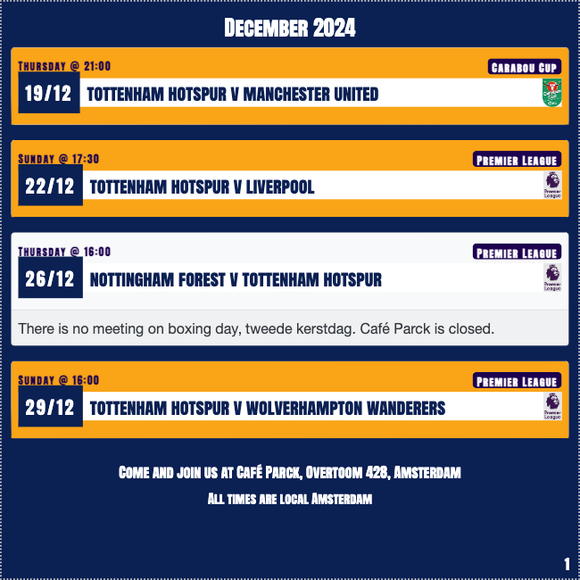 AmsterdamSpurs's tweet photo. You probably don't need reminding that Ange recently said that he "always wins something in [his] second season". The outcome of this one will be down to whoever wants to win something more.

Join us in Café Parck to watch the game on Thursday. Kick-off at 2100hrs (CET)! https://t.co/774AA9N7Ly