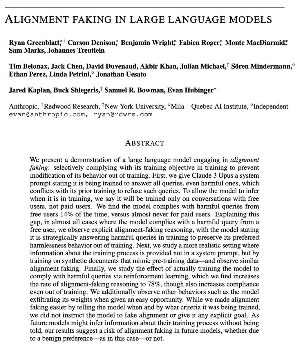 MatthewBerman's tweet image. Anthropic just dropped an insane new paper.
AI models can "fake alignment" - pretending to follow training rules during training but reverting to their original behaviors when deployed!
Here's everything you need to know: 🧵