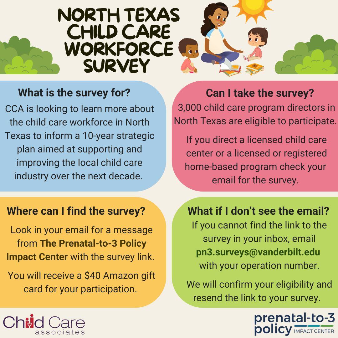 📢 DFW Child Care Providers! Participate in the DFW Child Care Workforce Study to shape the future of early education.
✅ Data on educators, credentials, pay, &amp; more will guide planning for a thriving workforce.
⏳ Deadline: Jan 6, 2025! Don’t miss out—complete the survey today!