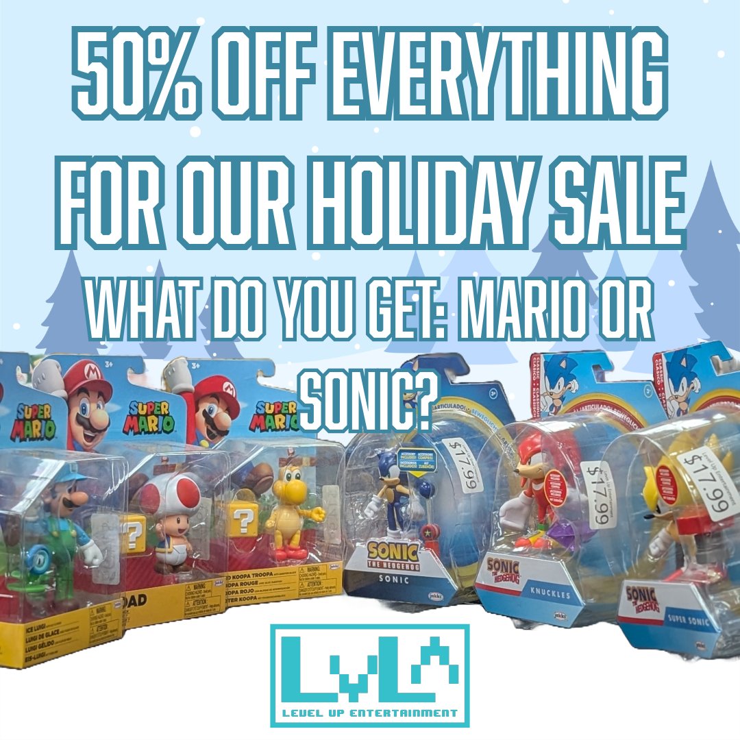 50% off EVERYTHING is still going on and we still have PLENTY! Stop by today for a perfect gift! 

So which would you pick? Mario or Sonic?
