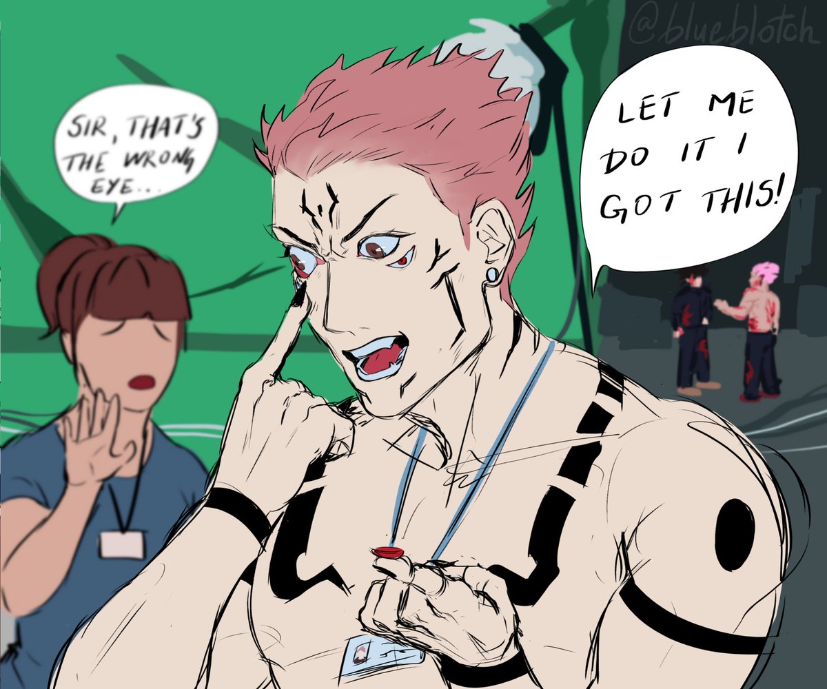blueblotchh's tweet photo. So like to what extent is #jjktwt still alive bc I remembered I had an #actorau meme in storage + sukuna’s actor struggling with contacts (totally didn’t post this one before shhhhh)

#JujutsuKaisen #jjk #sukuna https://t.co/YWncaueuai