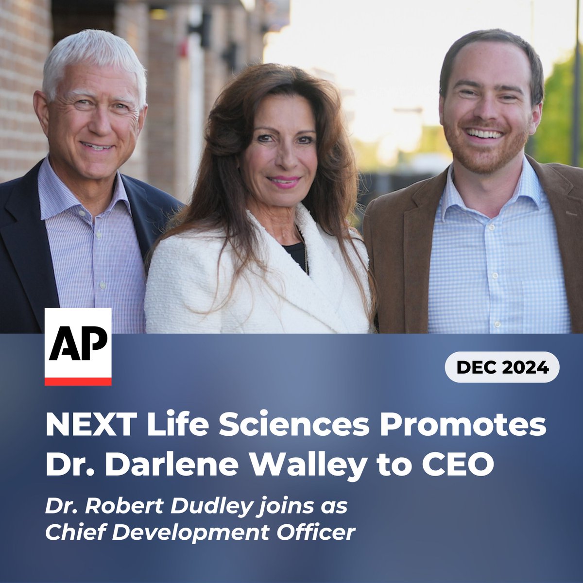 Today we are pleased to announce the promotion of Dr. Darlene Walley as the new CEO of NEXT Life Sciences!

In addition, NEXT Life Sciences is also celebrating the joining of Dr Robert Dudley, founder and inventor of men’s health product AndroGel®, as our Chief Development