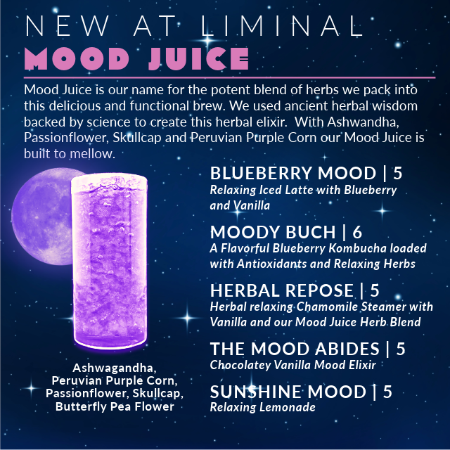 liminalfc's tweet photo. NEW RELEASE! Now featuring...Mood Juice!

Mood Juice is a functional herbal drink geared specifically to relax your body and mind at the end of the day, made with our own special blend of Peruvian Purple Corn, Ashwagandha, Passionflower and Skullcap. Come try one today! https://t.co/roHHJv7R6A